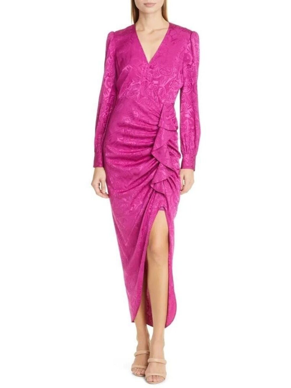 Veronica Beard Magenta Weiss Paisley Jacquard V-Neck Ruched Dress, Size 10